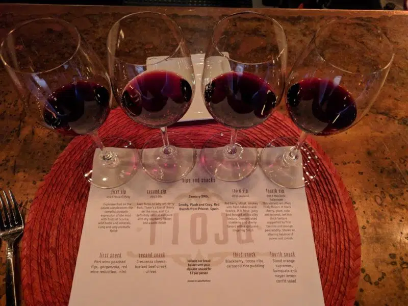 Sips and Snacks Red Wine Flight at Rioja Denver