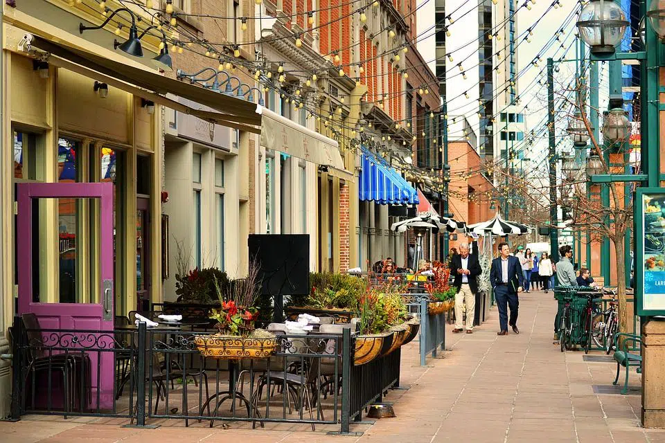 Men walking in Larimer Square in Denver, Colorado