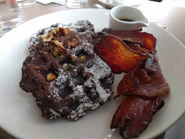 Chocolate waffle and bacon at the Bindery in Denver Colorado