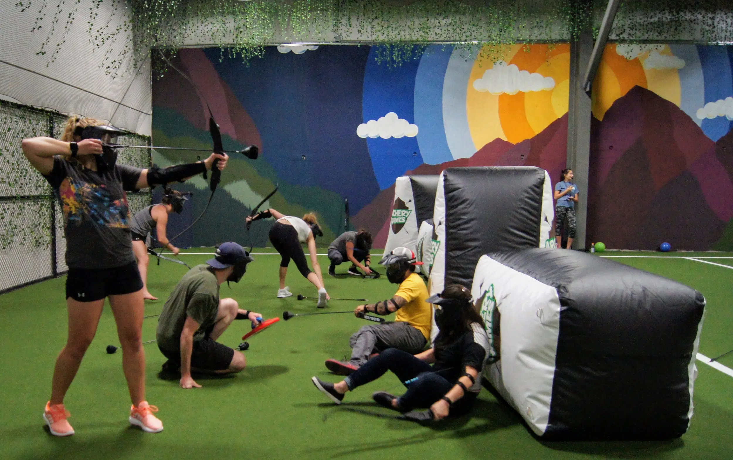 A group battling it out at Archery Games in Arvada, Colorado