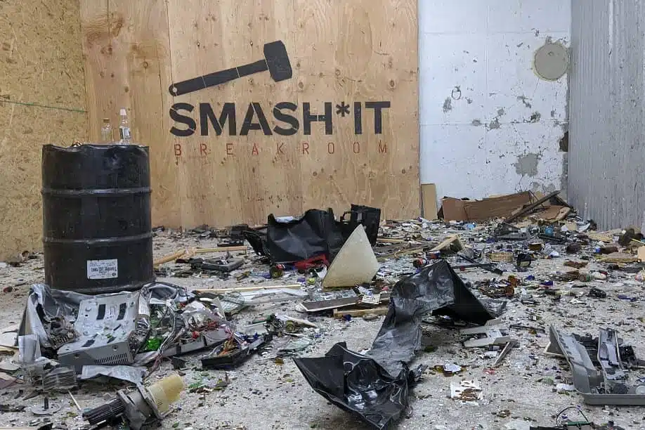 Debris on the floor at SMASH*IT Breakroom in Denver