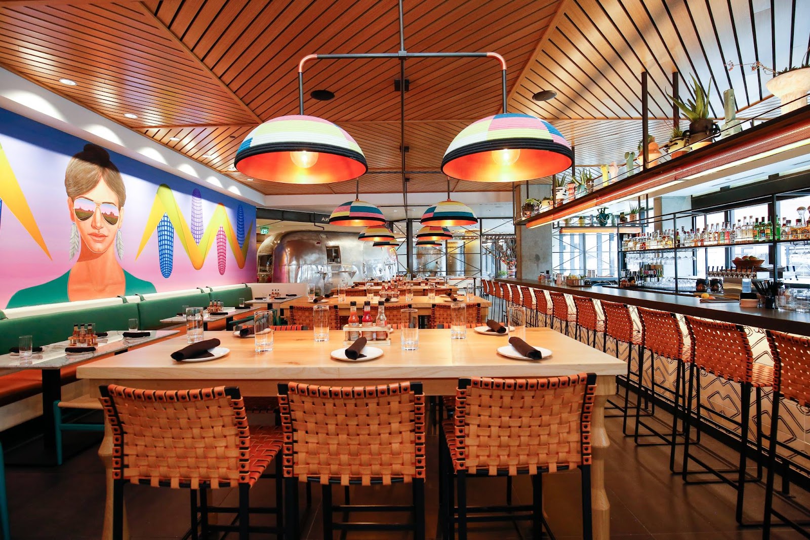 The vibrant interior of Kachina Cantina, a Denver downtown lunch spot located within the trendy Dairy Block micro-district. 