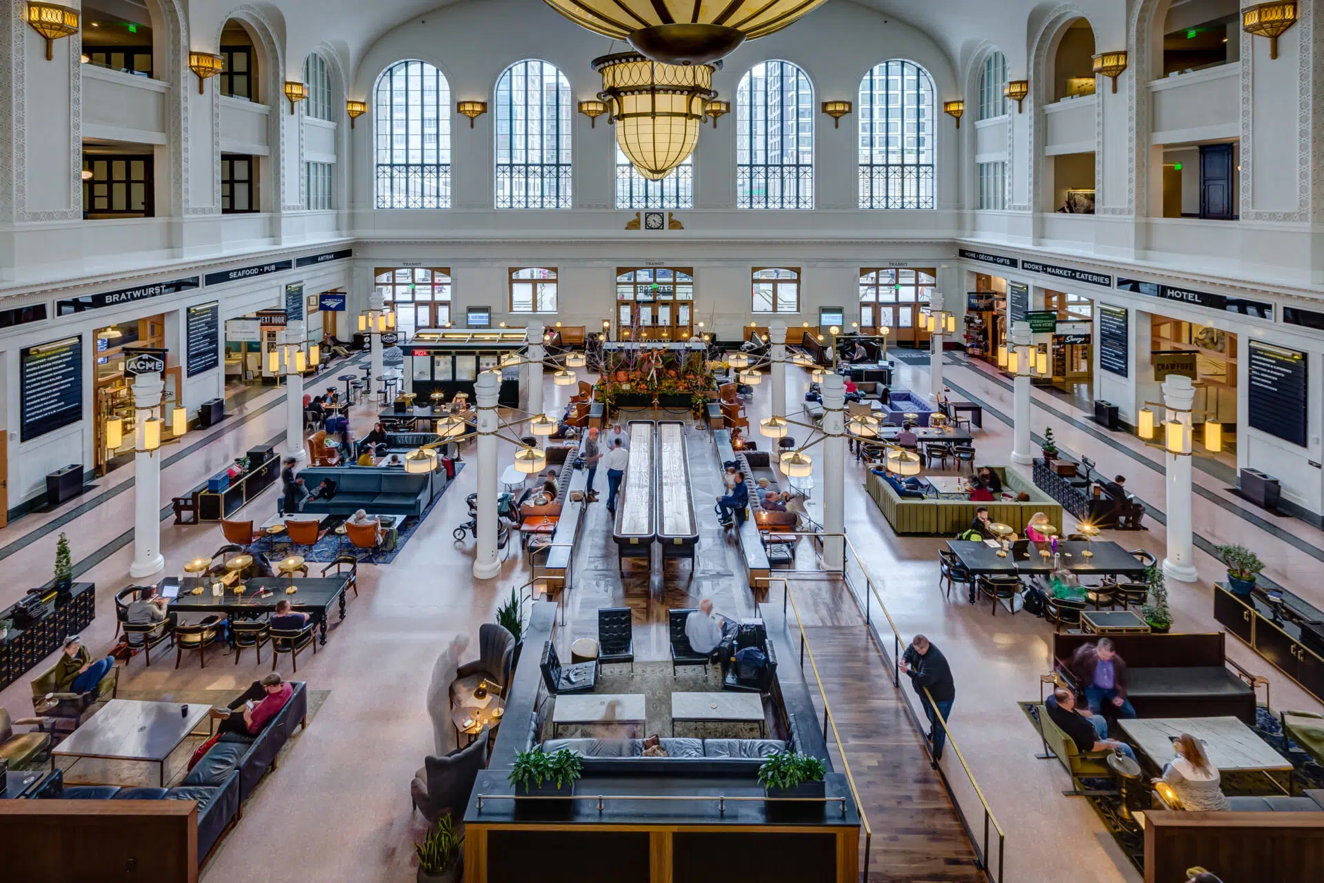 The interior of Union Station, featuring mid-century furnishings and elevated ceilings 