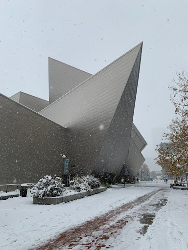 A snowy day outside the Denver Art Museum