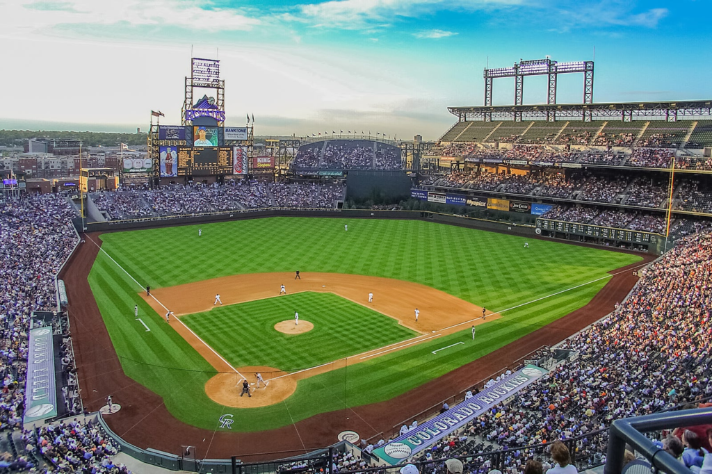 Coors Field game night at dusk from the upper deck