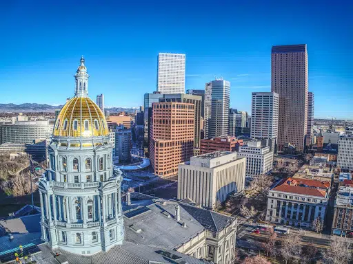 The Colorado State Capitol and Denver skyline