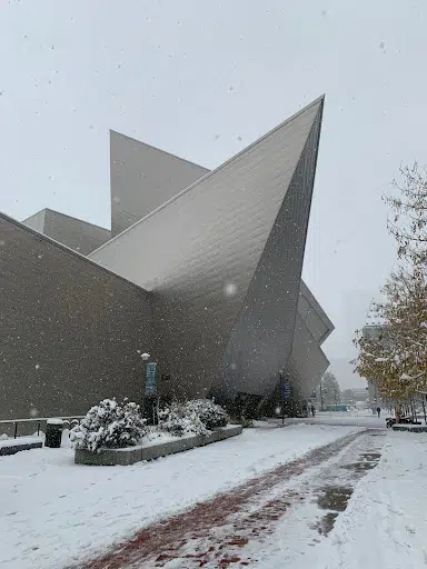 A snowy day outside the Denver Art Museum