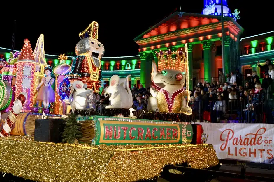 A vibrant holiday float, part of the Parade of Lights