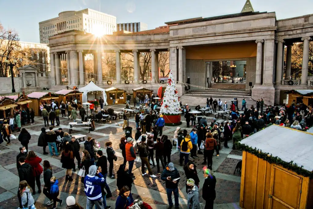 Booths at Denver Christkindlmarket, one of the best things to do in Denver (winter)