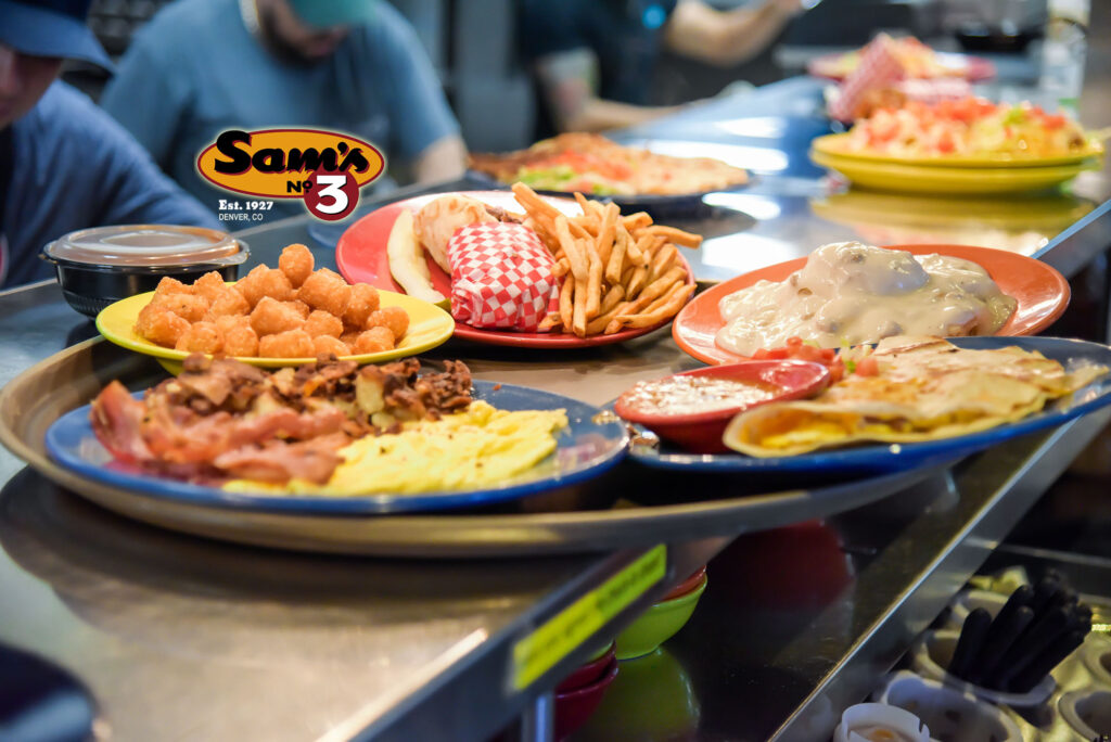 Multiple brunch plates on a platter at Sam's No. 3