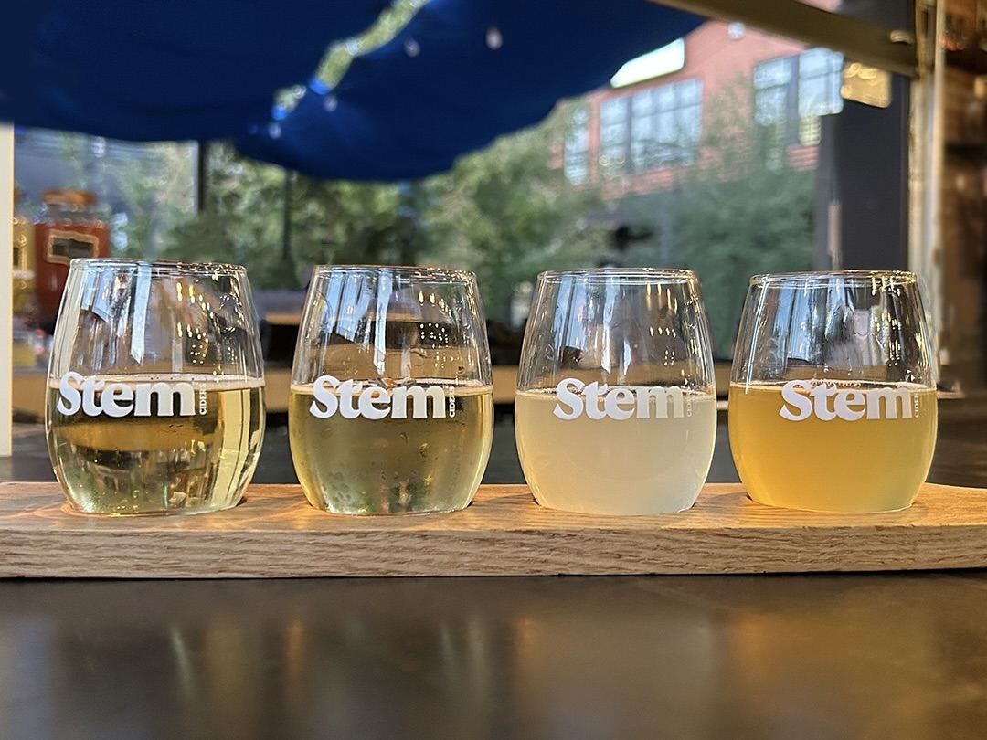 A flight of beverages from Stem Cider