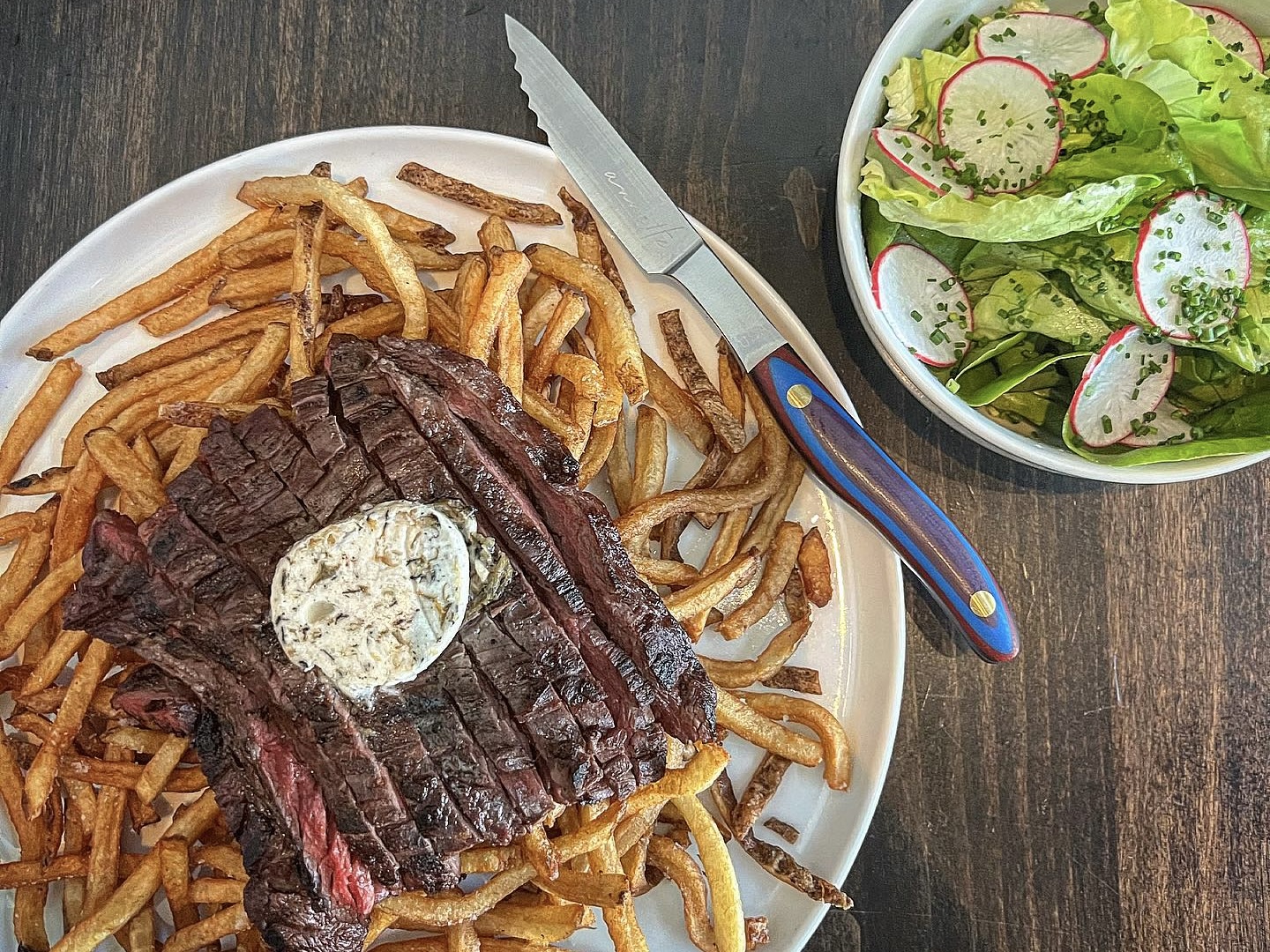 Steak frites and greens from Annette