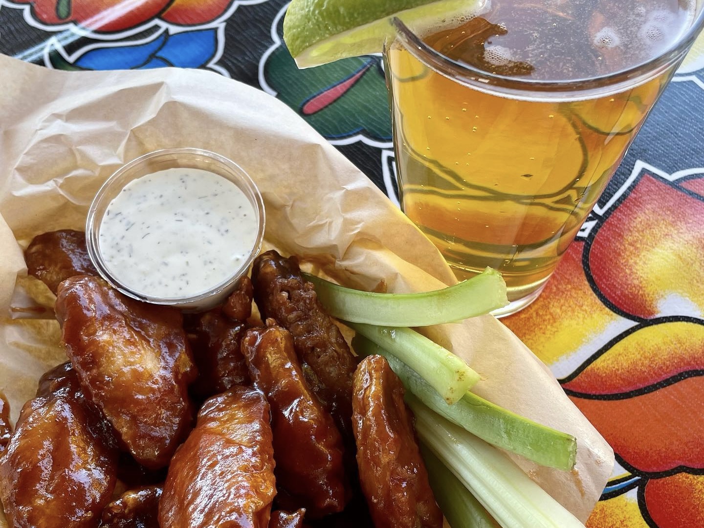 Chicken wings and a beer from Fire on the Mountain