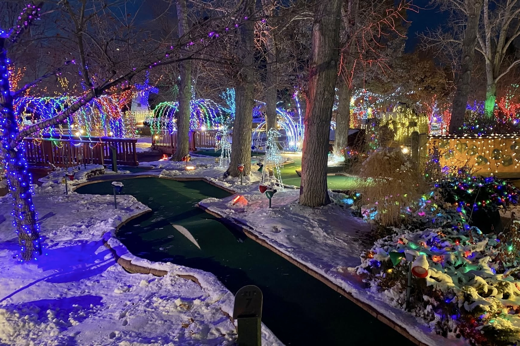 Holiday lights along a course at Adventure Golf 