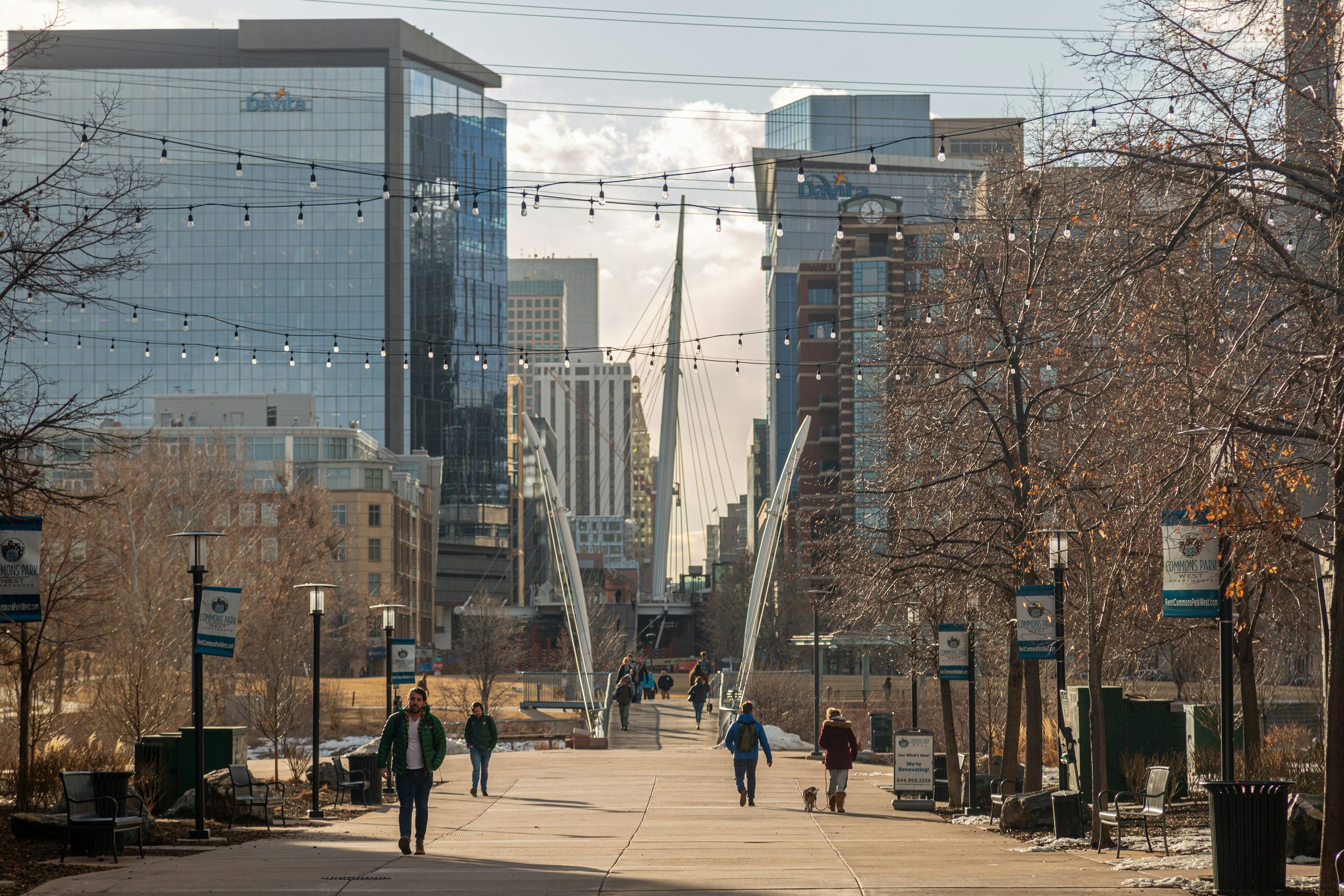 Skyscrapers towering above a bridge in downtown Denver 