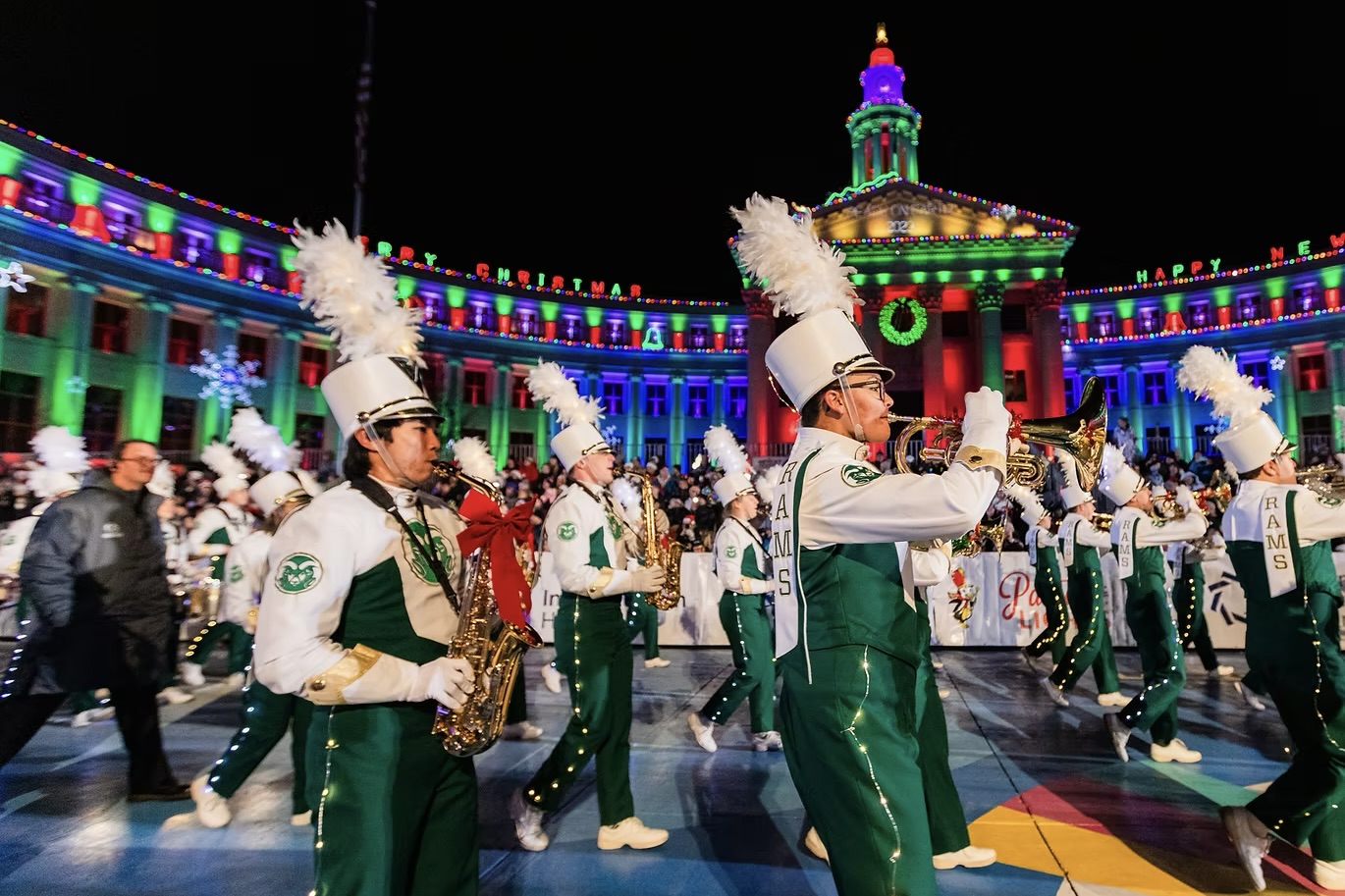 A marching band performing during the Parade of Lights