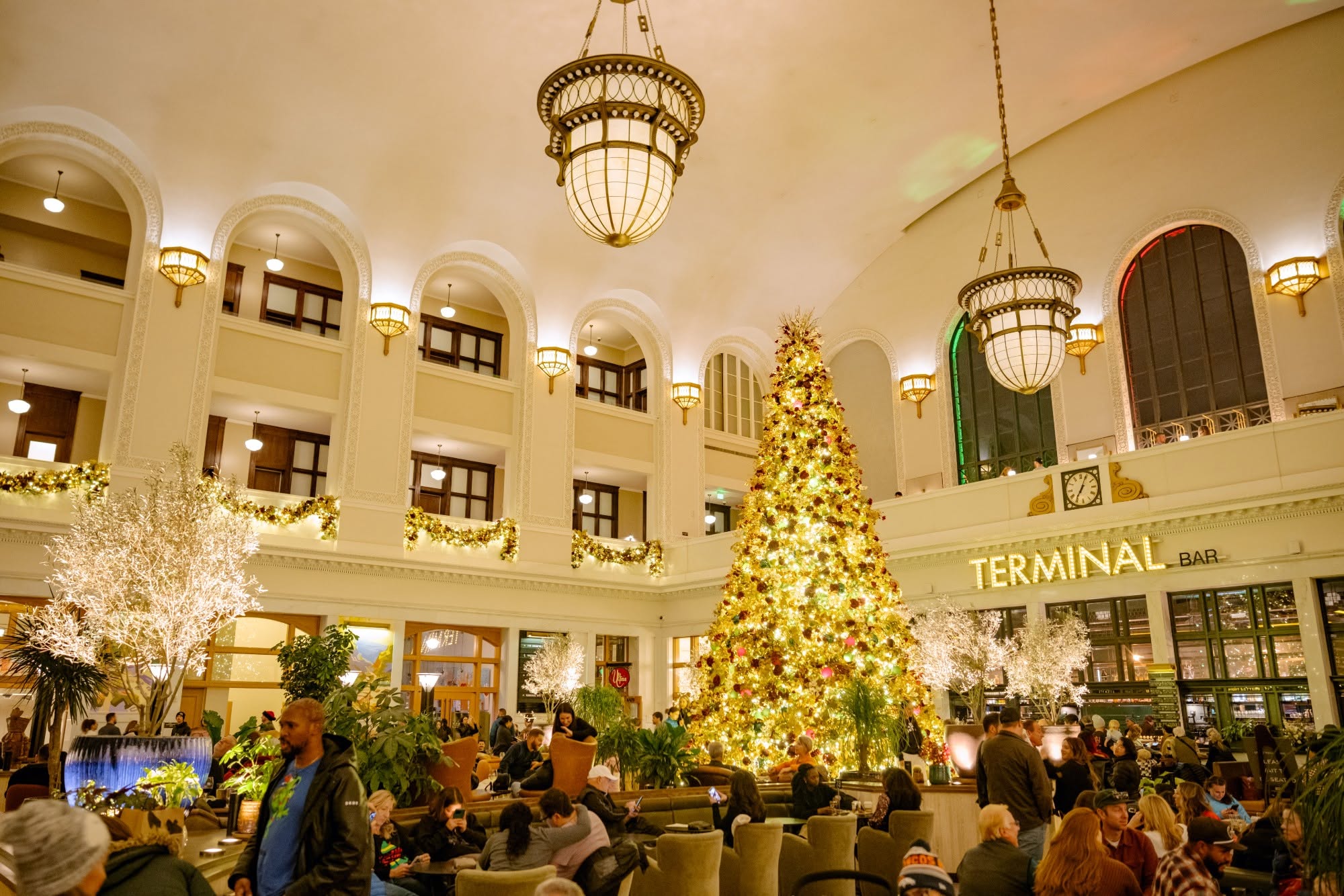 A massive Christmas tree inside Union Station's Great Hall 