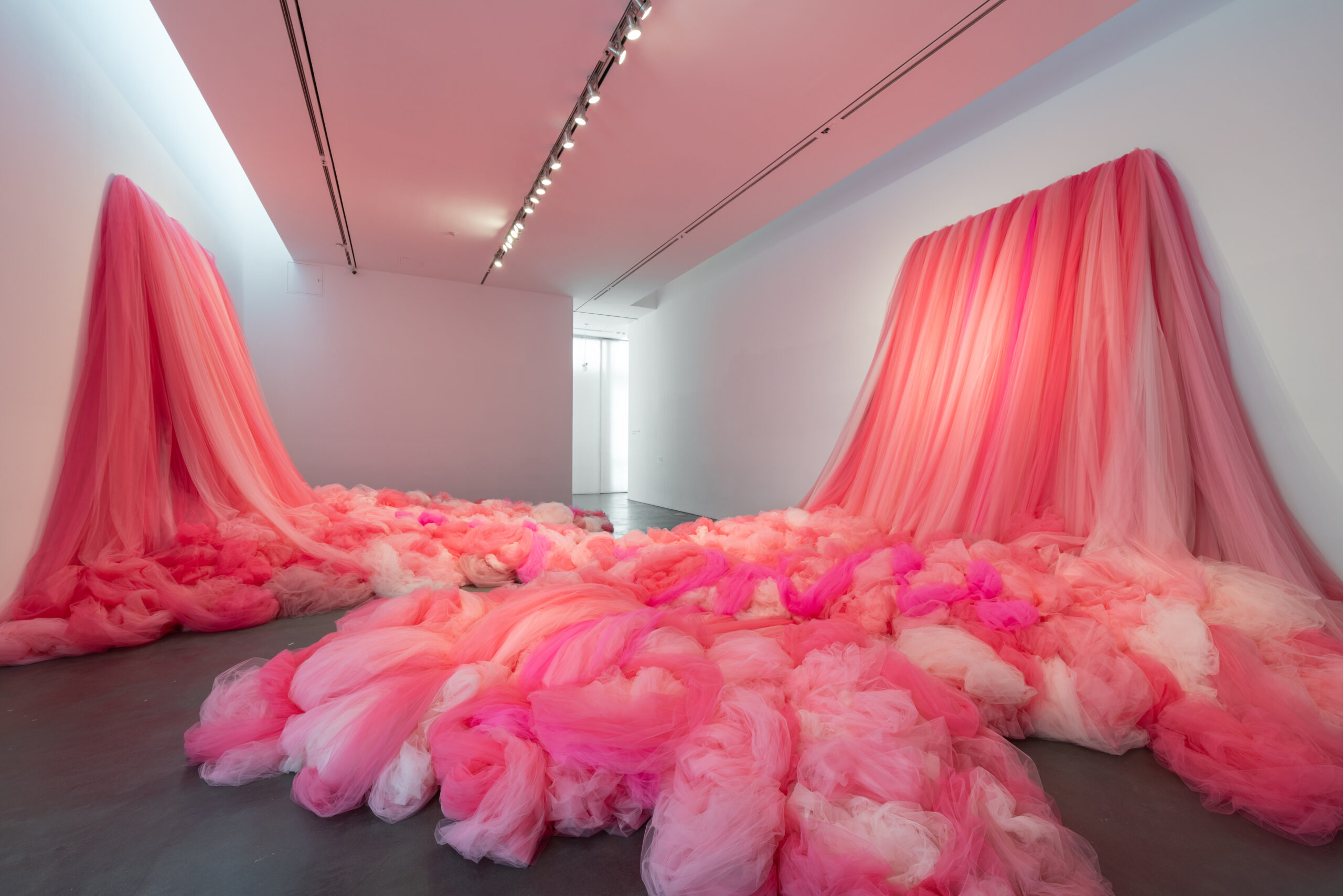 An art installation by Ana María Hernando made from pink tulle