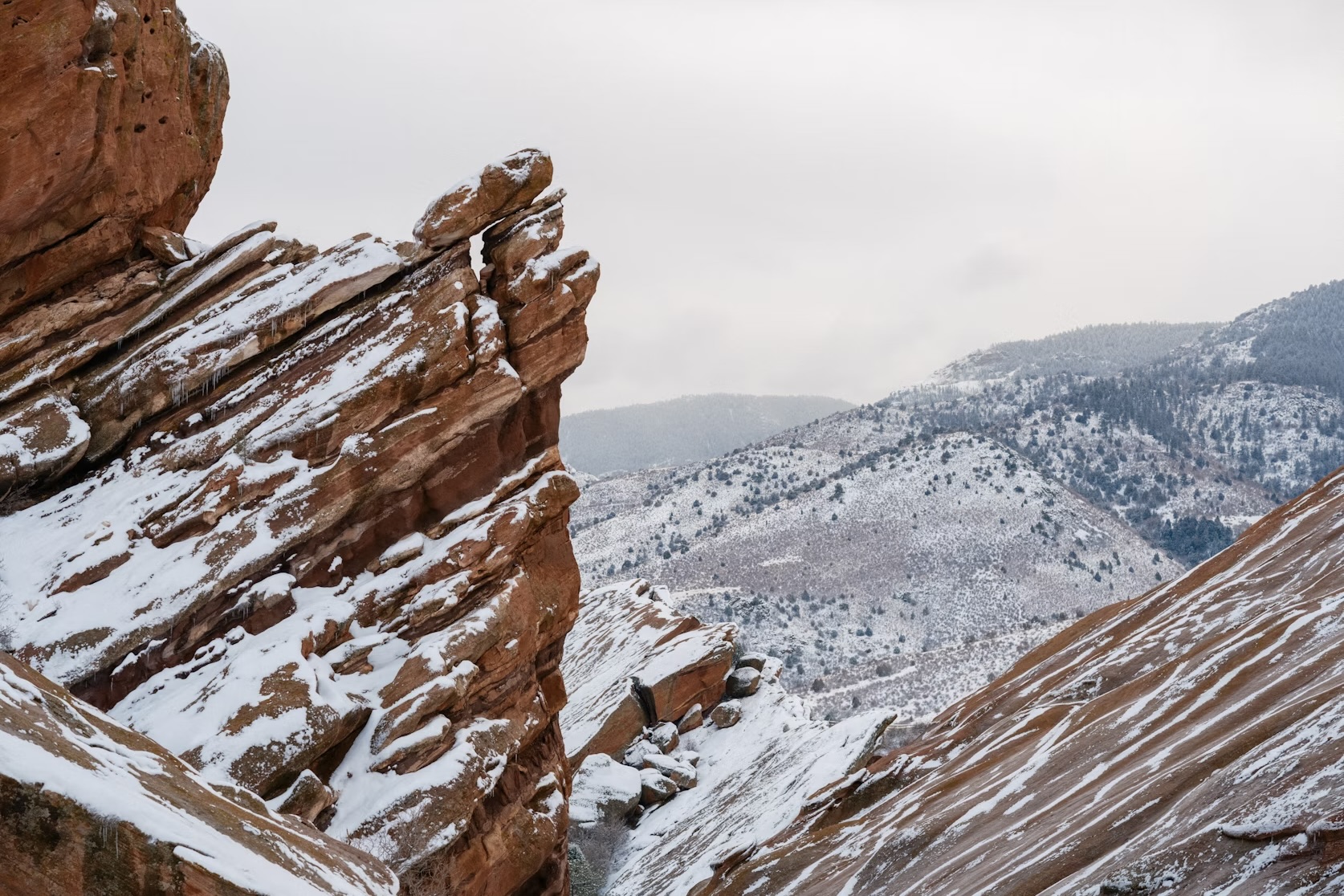 Snow on the rock formations at Red Rocks Amphitheatre