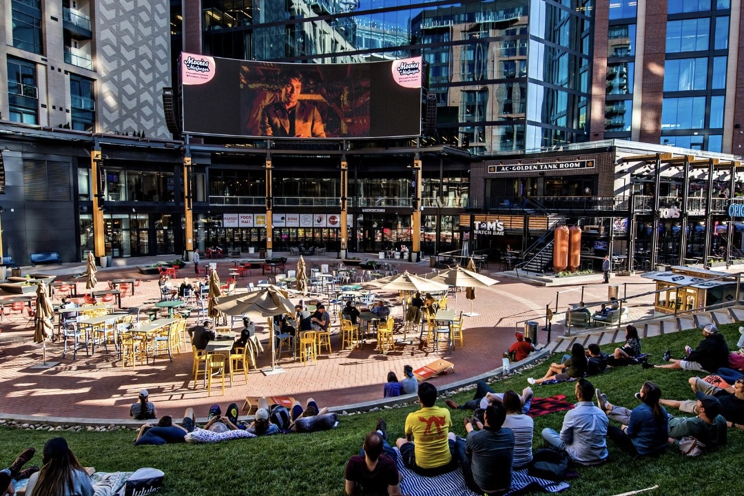 People sitting on the grassy lawn during a McGregor Square movie screening