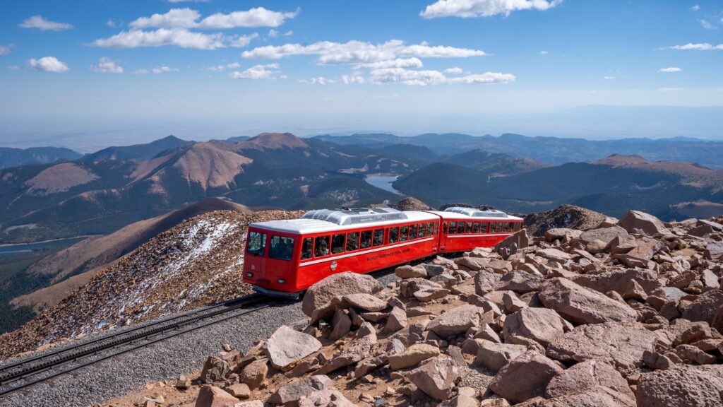 The Pikes Peak Cog Railway approaching the Pikes Peak summit in Colorado Springs