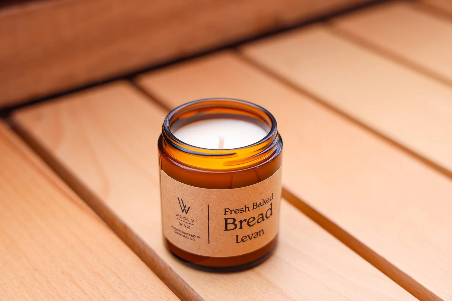 An unlit, bread-scented candle from Leven