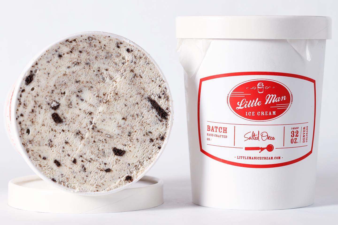 Two side-by-side pints of Little Man salted Oreo ice cream