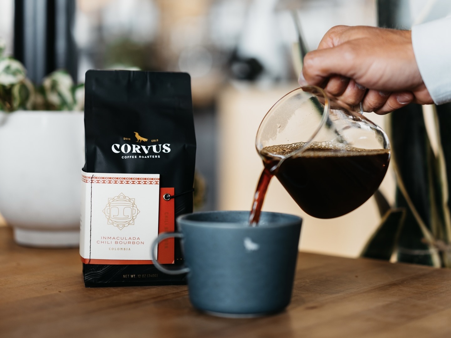A person pouring Corvus Coffee into a mug