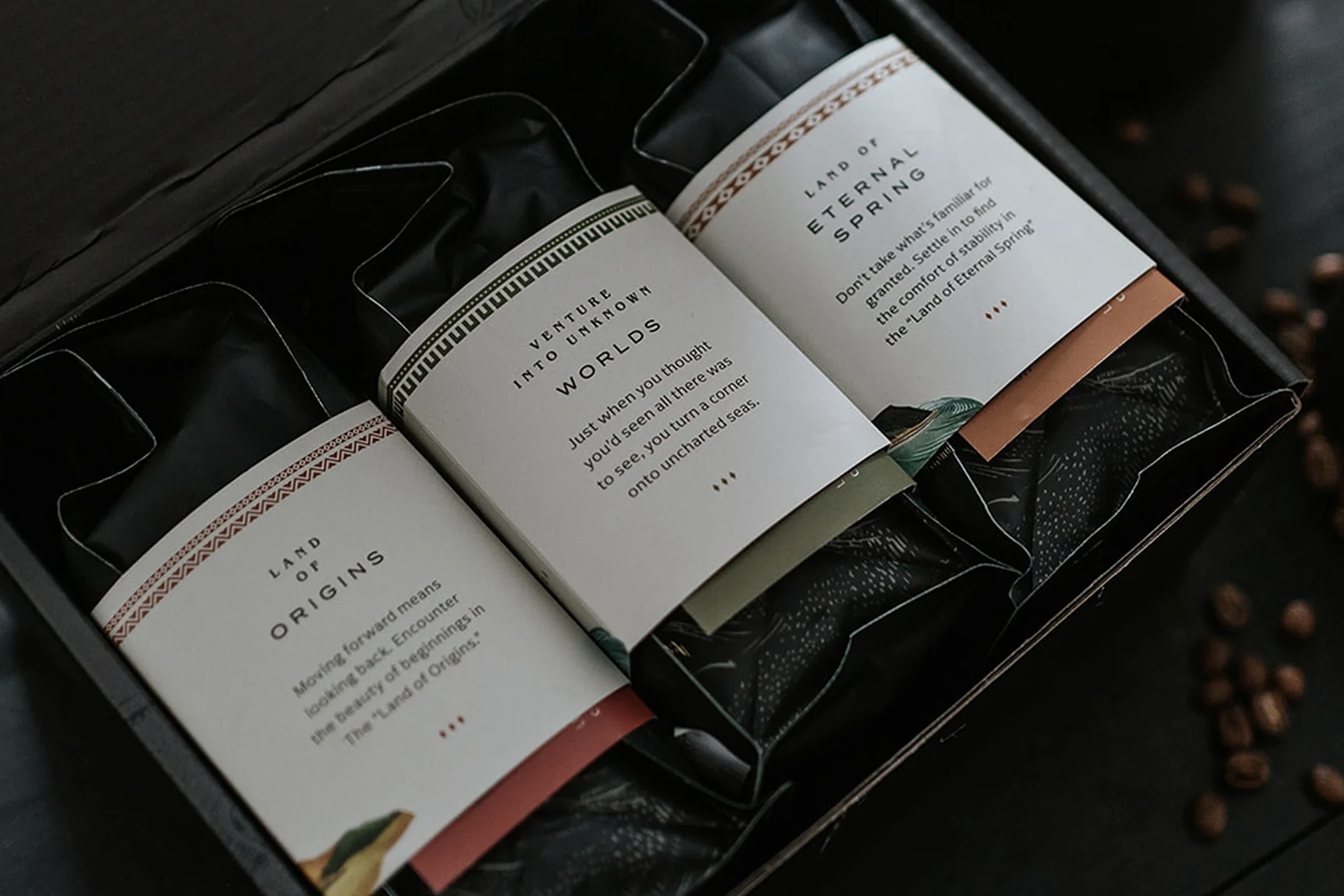 The Corvus Coffee gift box featuring three bags of roasted coffee