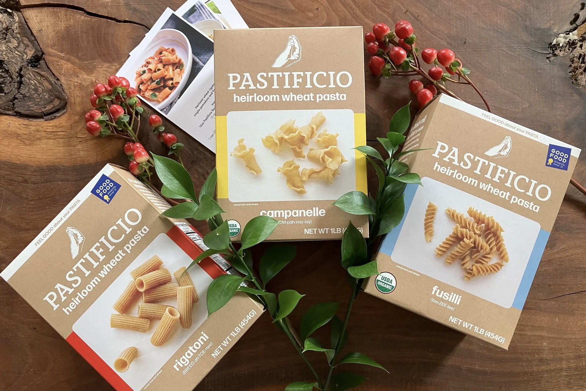 Three boxes of uniquely shaped pastas from Pastificio