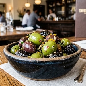 marinated italian olives in a bowl