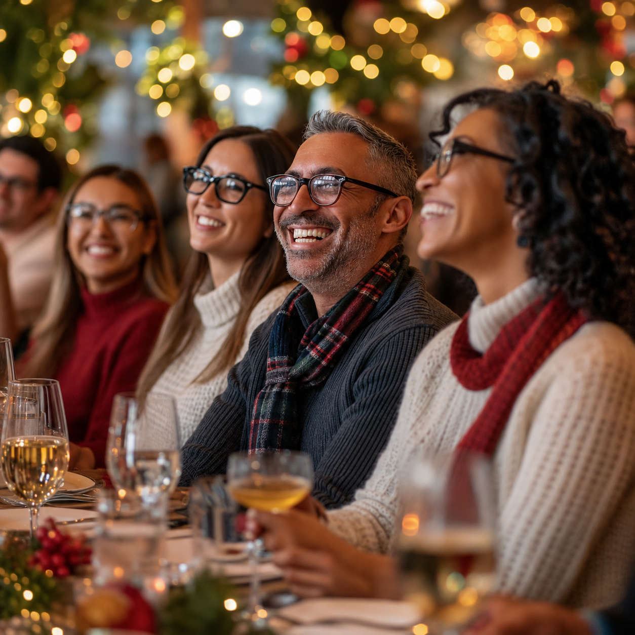 guests on holiday lights and bites tour at table smiling