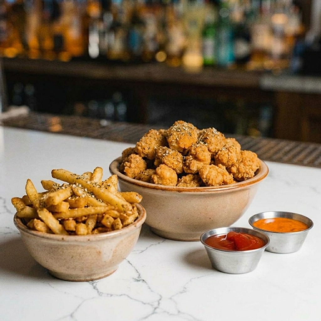 Fried popcorn chicken and fries at poka lola social club on holiday lights and bites tour